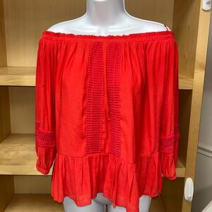 HARLOWE & GRAHAM RED LINED OFF SHOULDER HEM BLOUSE TOP SHIRT S